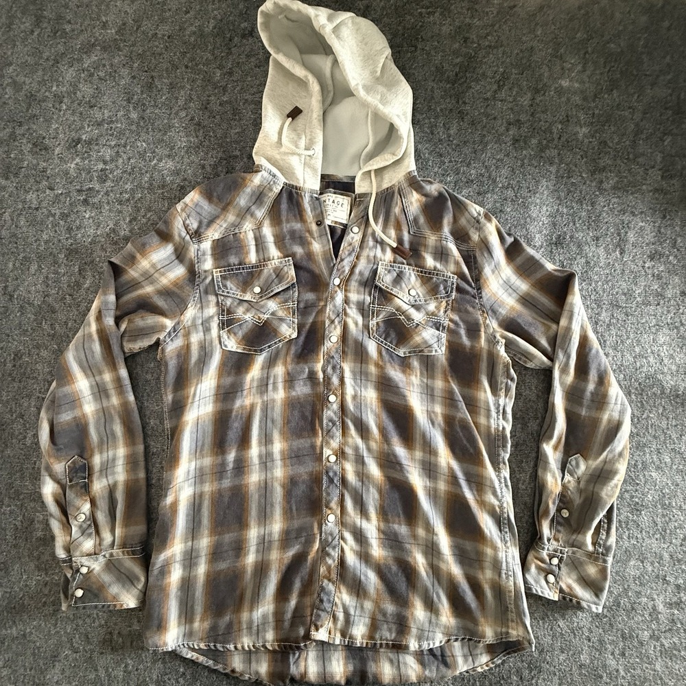 Vintage Hooded Plaid Pearl Snap Shirt Mens M Gorpcore Western Grunge Gray